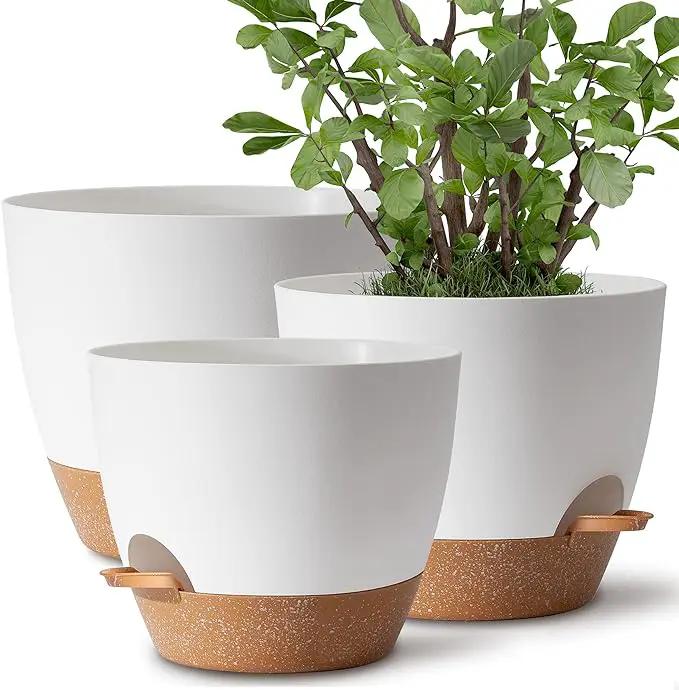 Plant Pots 12/10/9 inch Set of 3, Self Watering Flower Pots Indoor Outdoor, Planters with Drainage Hole Saucer Reservoir, White by GreenHaven Gardens