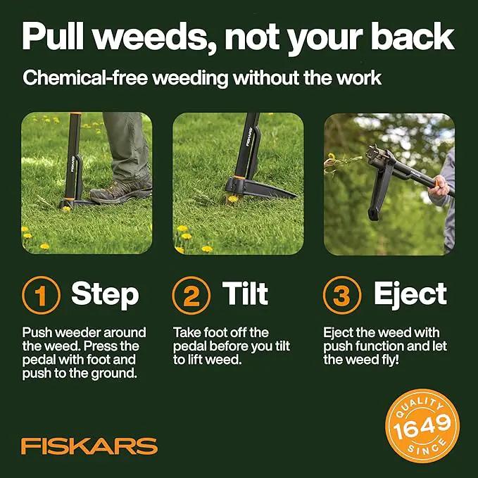 Fiskars 4-Claw Stand Up Weed Puller Tool, Gardening Hand Weeding Tool with 39" Long Ergonomic Handle with Easy-Eject Mechanism by GreenHaven Gardens