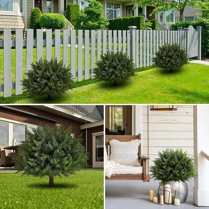23.6Inch Artificial Cedar Topiary, 2 Pack UV Resistant Faux Evergreen Shrubs with Ground Spikes, Indoor Outdoor Potted Plants for Porch, Garden, Front Door Decor by GreenHaven Gardens