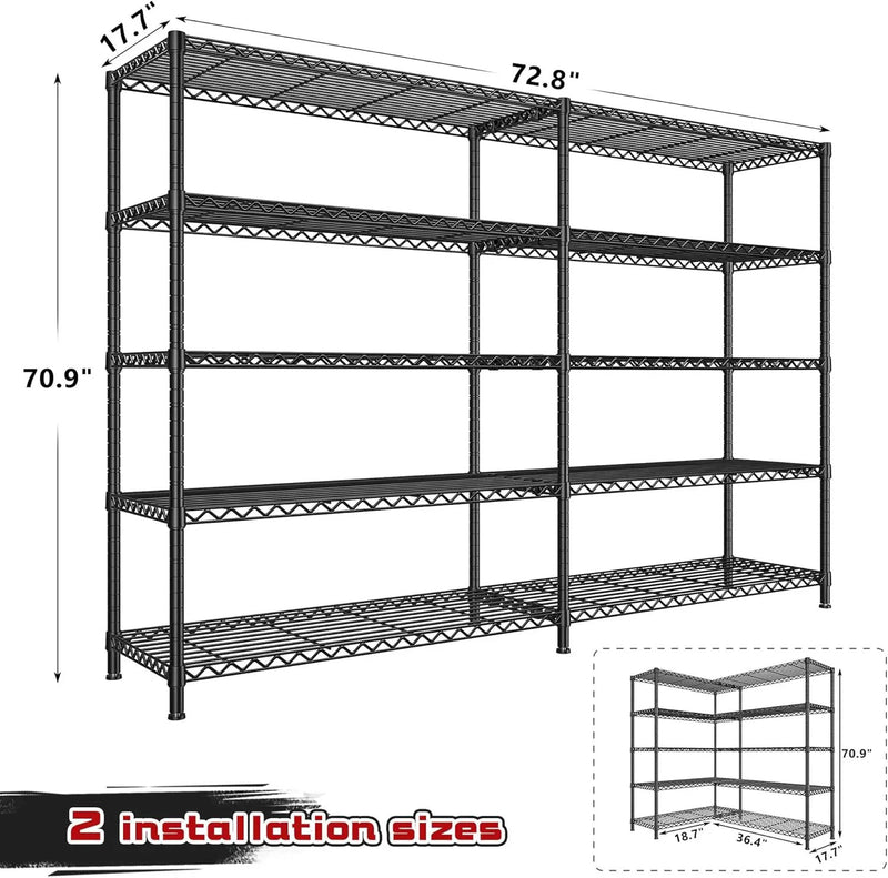 REIBII 72.8" W Storage Shelves Load 1600LBS, 5 Tier Metal Shelving Unit Wire Shelving for Storage Rack Heavy Duty Metal Shelves for Garage Pantry Kitchen, 17.7" D x 72.8" W x 70.9" H by GreenHaven Gardens