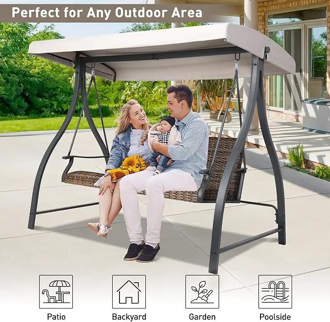 BPS 3 Seat Outdoor Porch Swing with Adjustable Canopy, PE Wicker Patio Swing Chair with Quick-Drying Foam Seat, 882 LBS Capacity, Proch Swings for Deck, Backyard, and Lawn, Khaki by GreenHaven Gardens