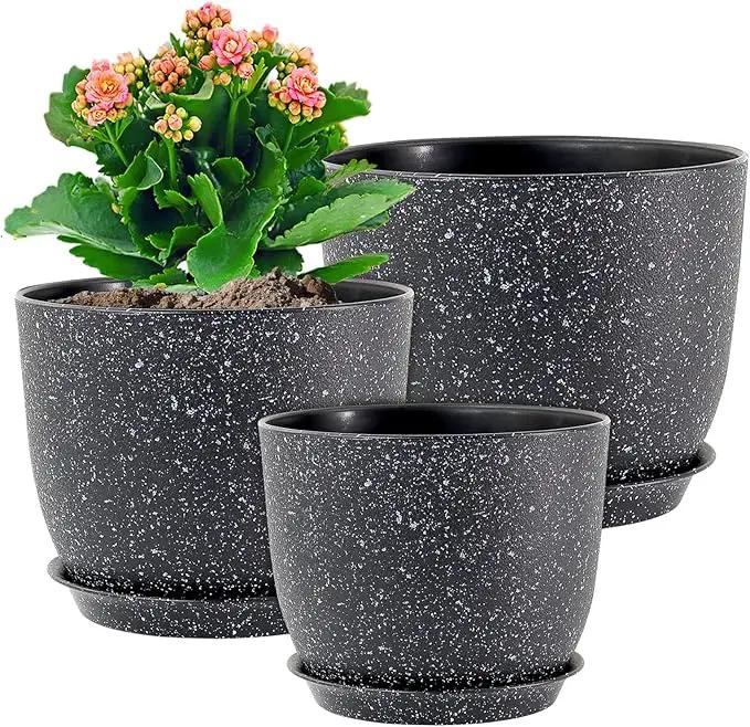 Plant Pots 10/9/8 inch, Set of 3 Modern Decorative Plastic Planters with Drainage Holes and Saucers for Garden House Plants, Flower Pots for Indoor Outdoor Plants, Speckled Black by GreenHaven Gardens