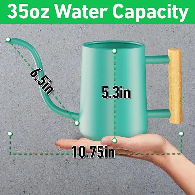 35 oz Metal Small Indoor Watering Can with Long Spout & Real Wood Handle for House Plants, Succulents, Cacti & Seedlings - Green Long Spout Watering Can Indoor Plants - Stylish, Gentle Flow, No Spills by GreenHaven Gardens