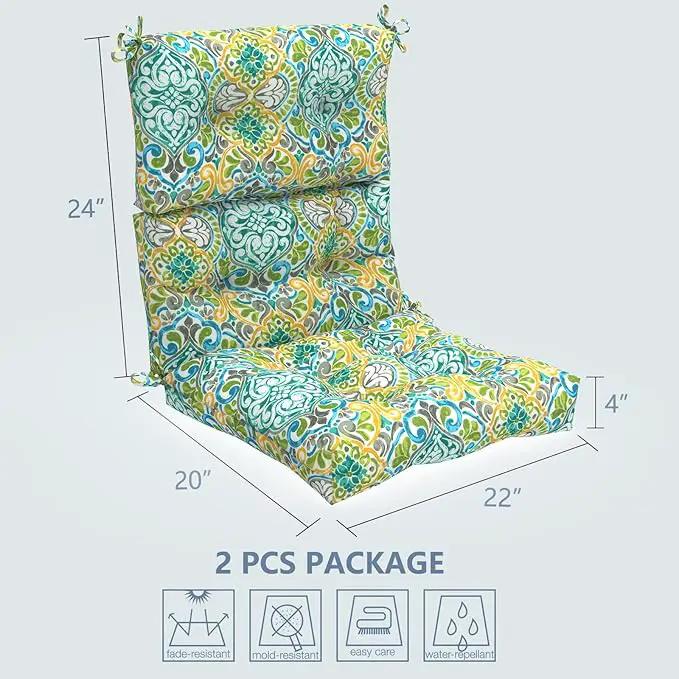 LVTXIII Outdoor Seat/Back Chair Cushion Patio Tufted High Back Cushion, Seasonal Replacement Rocking Chair Cushion with Ties (22” W x 20D”, Set of 2, Damask Green) by GreenHaven Gardens