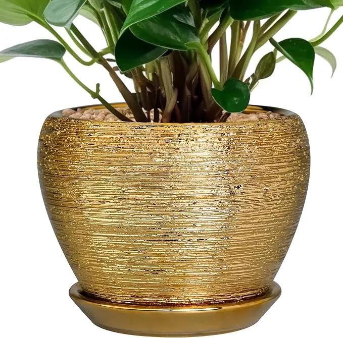 Indoor Plant Pot 6 Inch - Ceramic Pot for Plants Outdoor Planter with Drainage Hole and Saucer Round Decorative Planter Modern Flower Pot for Home Decor Gold by GreenHaven Gardens