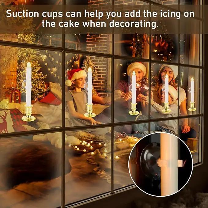 12 Pack Christmas Window Candles, Battery Operated Window Candles with Timer Remote, Candle Holder Suction Cup for Christmas Decorations, Gold by GreenHaven Gardens