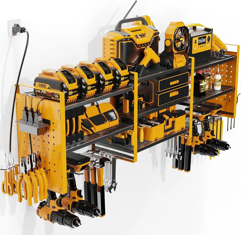 Power Tool Organizer with Charging Station Wall Mount, 3 Layer Expanded Heavy Duty Garage Organization, 48.8 Inch Length Garage Tool Storage, 4 Drill Slot, 16" Standard Hole, Yellow by GreenHaven Gardens