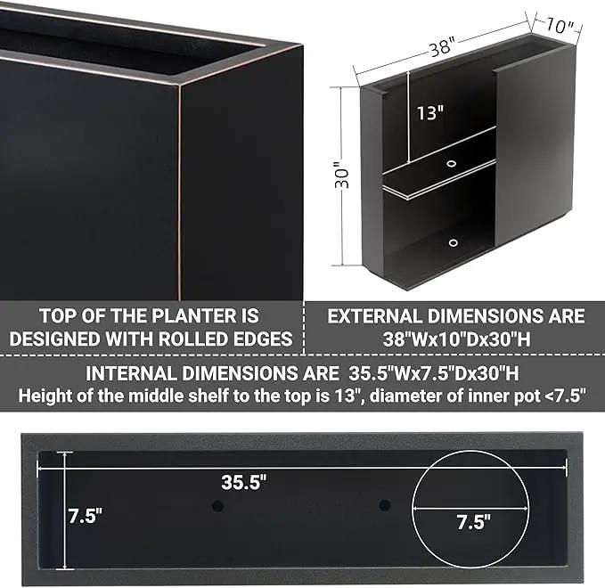 Metallic Heavy Planter for Outdoor Plants, 38Lx10Wx30H Inches Tall and Long Metal Divider Planter Box with Hand Brushed Gold Edge for Outside & Indoor, No Assembly (Black) by GreenHaven Gardens