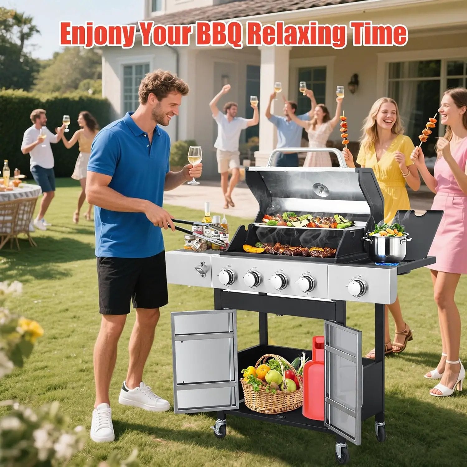 HYCHIKA 4-Burner Propane Grill with Sear & Side Burner, 46790 BTU Gas Grill with Griddle Pan & Enameled Cast Iron Grates, BBQ Grill with 439 Sq. In. Grilling Area for Outdoor, Patio, Backyard Babecue by GreenHaven Gardens