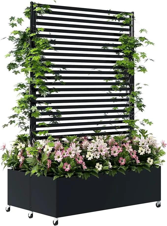 Double Metal Planter Box with Trellis Privacy Screen, Raised Garden Bed with Trellis & Wheels, Planter Box Outdoor with Drainage Holes for Climbing Plants, Vegetable, Vines,73"x 47"x 30", Black by GreenHaven Gardens