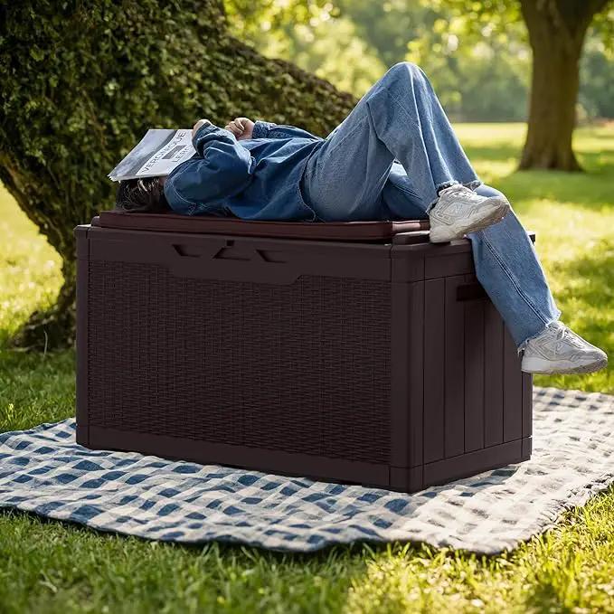 Greesum 100 Gallon Resin Deck Box Large Outdoor Storage with Cushions for Patio Furniture, Garden Tools, Pool Supplies, Weatherproof and UV Resistant, Lockable, Dark Brown by GreenHaven Gardens