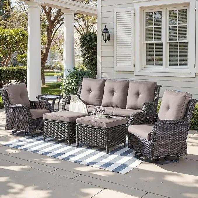 Outdoor Wicker Patio Furniture Set - 6 Piece Rattan Patio Conversation Set with 2 Rocking Swivel Chairs,2 Ottomans,1 Sofa and 1 Side Table for Porch Deck Backyard Garden(Brown/Grey) by GreenHaven Gardens