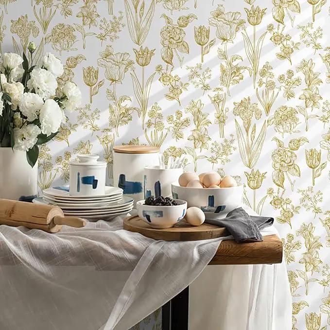 Dimoon 393"x17.3" Floral Wallpaper Peel and Stick Flowers Golden White Contact Paper Thicken Waterproof Modern Self Adhesive Plants Wallpaper Removable Wall Paper Shelf Vinyl Roll by GreenHaven Gardens