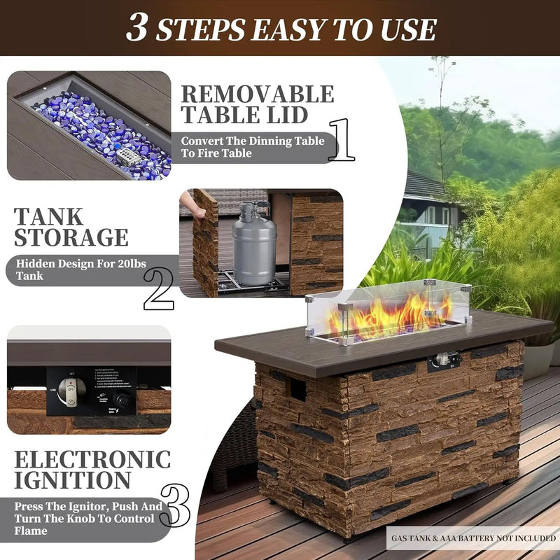 43” Propane Fire Pit Table Outdoor Rectangular Stone Firepit Table 50,000 Btu Propane Fire Tables for Outside Patio with Glass Wind Guard, Lid, Fire Glass Beads,Brown Rock Look by GreenHaven Gardens