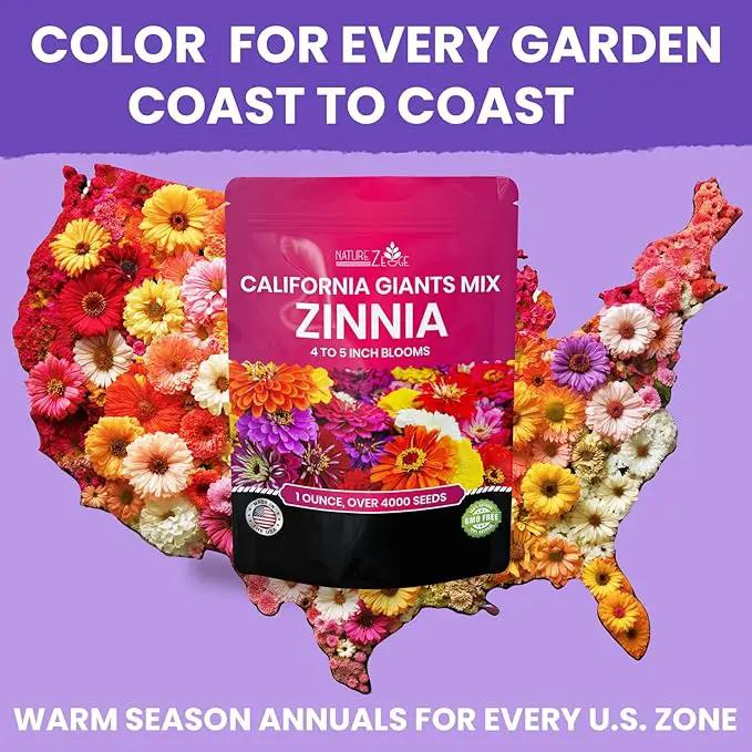 NatureZ Edge Zinnia Seeds for 2025 Planting Outdoors, Over 16,500 Flower Seeds, 1/4 lb, Non GMO Made in USA, Bulk Semillas De Flores para Sembrar, California Giants, Easy to Grow Zinnia Seed Mix by GreenHaven Gardens