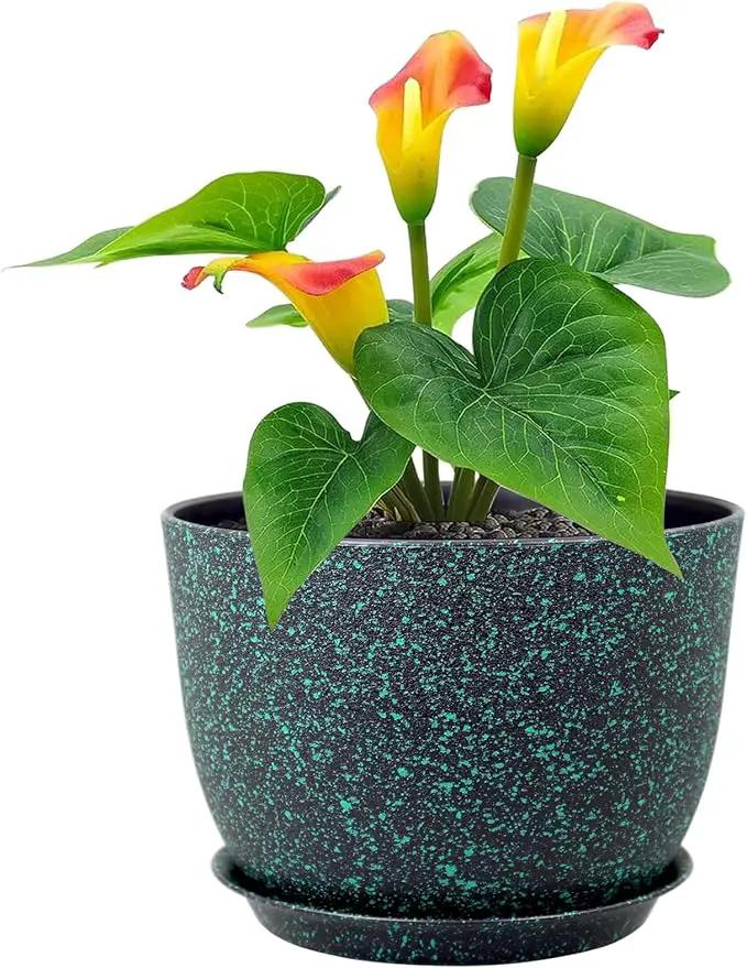 12 inch Large Plant Pots, Plastic Planters with Drainage Holes and Saucers, Flower Pots for Indoor Outdoor Plants, Decorative Pots for Garden House Plants, Black with Green Speckles by GreenHaven Gardens