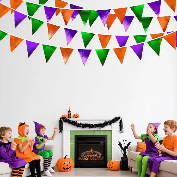 Halloween Party Decorations Metallic Fabric Green Orange Purple Triangle Pennant Banner Flag Bunting for Trick or Treat Spooky Hey Boo Happy Halloween Holiday Birthday Baby Shower Party Supplies by GreenHaven Gardens