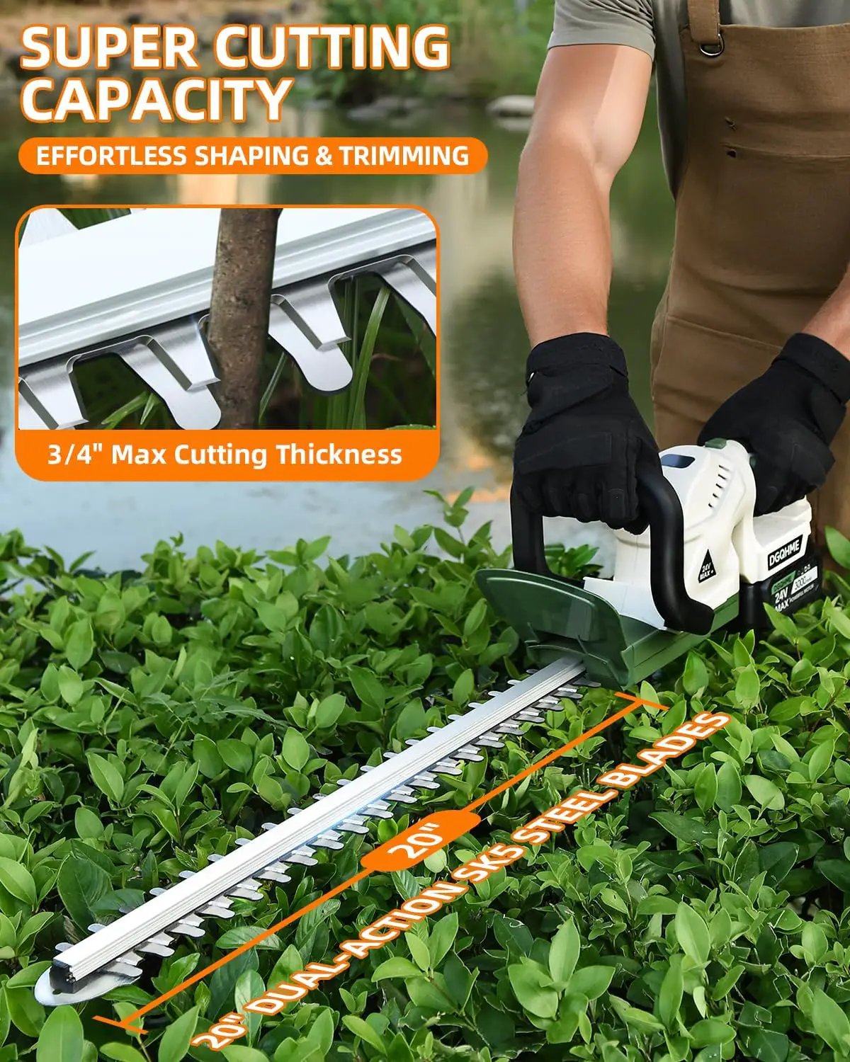 20" Hedge Trimmer Cordless with Battery,Electric Bush Trimmer,Lightweight Hedge Trimmers,3000RPM 180°Rotatable Head,3/4''Blade Gap Cordless Hedge Trimmer by GreenHaven Gardens