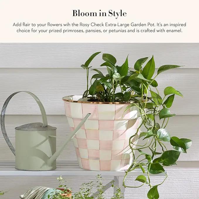 MACKENZIE-CHILDS Enamel Garden Pot, Decorative Pot for Plants, Outdoor Flowerpot Decor, Extra Large, Pink-and-White Rosy Check by GreenHaven Gardens