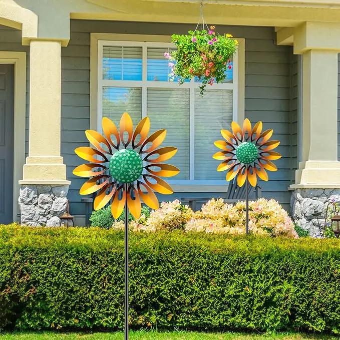 Sunflower Standing Wind Sculpture, Outdoor Wind Spinner with Stake, Metal Windmill for Garden, Lawn Yard Art Decorations (1pcs-Yellow) by GreenHaven Gardens