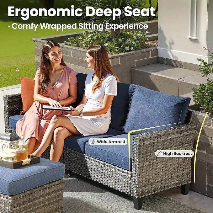 ovios 6 Pieces Patio Furniture Set with 54" Fire Pit Table, Outdoor Wicker Sofa with Comfy Cushions, All Weather High Back Rattan Couch Conversation Set, Denim Blue by GreenHaven Gardens