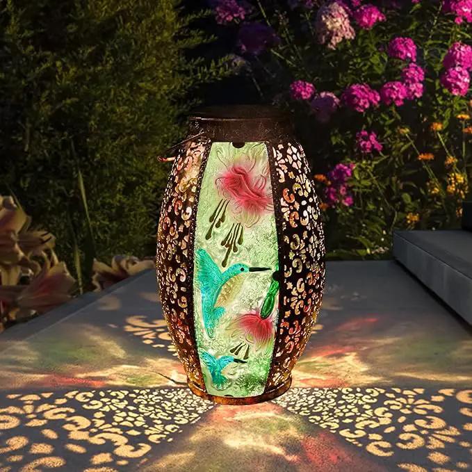 Solar Lanterns Outdoor Hanging Light - Solar Powered Hummingbird Glass LED Lights Decorative Waterproof Tabletop Lamp with Hollowed-Out Design for Indoor Yard Table Patio Garden Pathway Holiday by GreenHaven Gardens