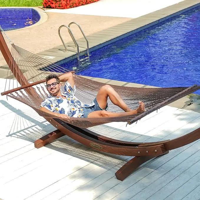 Lazy Daze Hammocks 10.5 FT Double 2 Person Caribbean Rope Hammock, Hand Woven Polyester Hammock with Spreader Bars for Outdoor Backyard Patio Poolside, 450 LBS Capacity, Brown by GreenHaven Gardens
