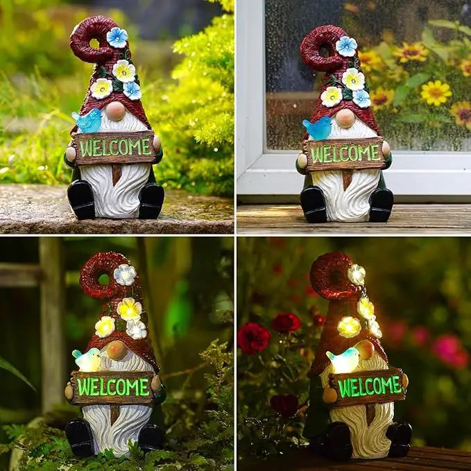 Goodeco Sitting Gnome with Welcome Sign - Garden Gnomes Outdoor with Solar Bird & LED Lights, Ideal Gifts for Mom or Women, Housewarming Gnome Decorations by GreenHaven Gardens