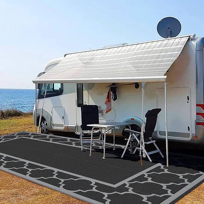 GENIMO 9' x 18' Outdoor Rug Waterproof for Patio, Foldable Reversible Plastic Straw Area Rugs Mat for Rv Decor, Outside Carpet for Camper, Deck, Picnic, Beach, Balcony, Porch, Black & Grey by GreenHaven Gardens