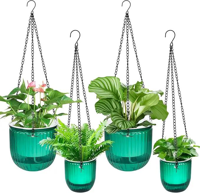 4Pcs Self Watering Hanging Planters, 6.5'' 4.5'' Hanging Flower Pots, Plastic Hanging Plant Basket with Drainage Holes, Visible Hanging Planters for Indoor Plants Garden Home(Emerald) by GreenHaven Gardens