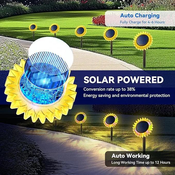 Hogni 6PK Solar Garden Lights, Ground Stake/Hang 2 in 1 Solar Sunflowers Outdoor Waterproof IP67, Outdoor Decor for Pathway Walkway Landscape Backyard Fence Decoration by GreenHaven Gardens