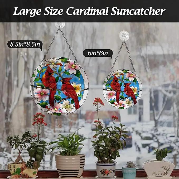 AUFURI Large Size Cardinal Suncatcher - 8.6 inch Stained Glass Window Hanging - Pairs of Red Cardinal Birds - Cardinal Gifts for Women, Hand Painted Glass Cardinal for Birds Lover, Window (8.6inch) by GreenHaven Gardens