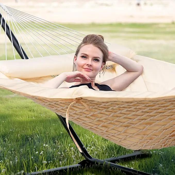 SUNCREAT Two Person Hammock with 12ft Stand Included, Max 475lbs Capacity, Heavy Duty Free Standing Hammock, Beige by GreenHaven Gardens
