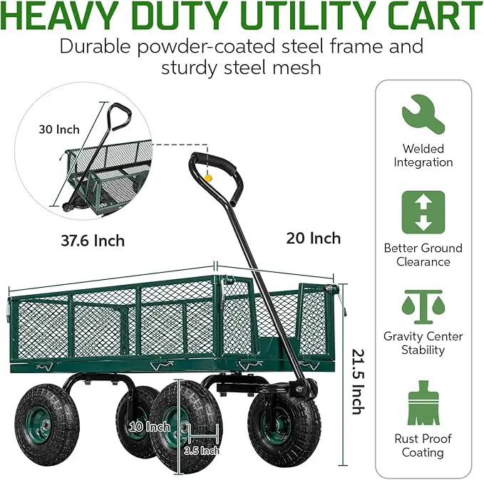TAIFA Heavy Duty Steel Garden Cart 880 Lbs Capacity with Removable Sides for Yard Lawn and Farm, Metal Utility Wagon with 180° Rotating Handle, Green by GreenHaven Gardens