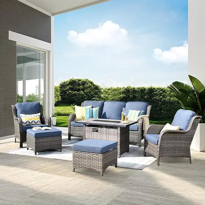 ovios 6 Pieces Patio Furniture Set with 42" Fire Pit Table, Outdoor Wicker Sofa with Ottomans, Comfy Cushions, High Back Couch Conversation Set, Grey Rattan, Denim Blue by GreenHaven Gardens