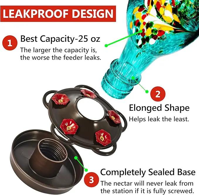 LUJII Hummingbird Feeder for Outdoors, Hand Blown Glass Humming Bird Feeder, Anti Fade Leakproof with 25 Ounces Nectar Capacity, Easy to Install Clean Refill, Include Hook & Ant Moat (Teal) by GreenHaven Gardens