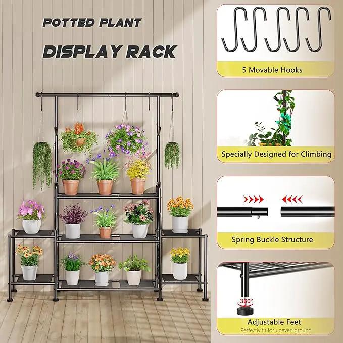 GIOTORENT 3-Tier Tall Metal Plant Stand Indoor Outdoor - Heavy Duty Plant Shelf for Garden, Patio, Balcony with 5 Hanging Hooks, Holds 16-25 Plants, Black by GreenHaven Gardens
