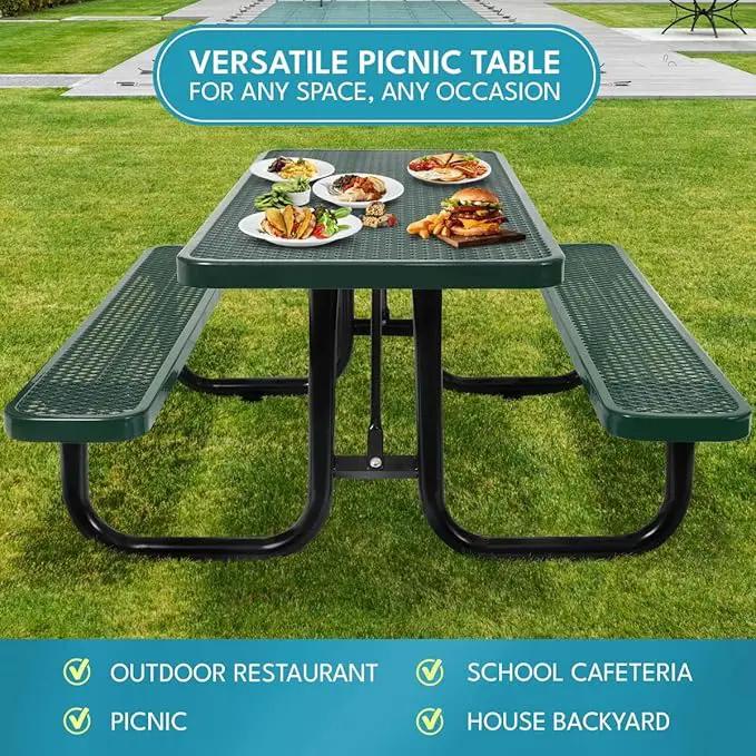 6 ft. Rectangular Outdoor Steel Picnic Table with Umbrella Pole, Heavy-Duty Weather-Resistant Dining Table for Patio, Backyard, and Garden, Rust-Resistant Finish, Green by GreenHaven Gardens