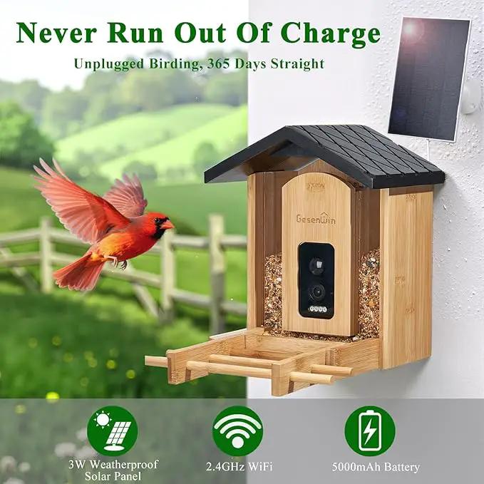 Smart Bird Feeder with Camera for Wild Birds - Identifies 11,000+ Species, Solar Panel Wireless Outdoors Bamboo Birdhouse with Cam, 2K HD Live Video & Instant Alerts - Bird Lover Gifts by GreenHaven Gardens