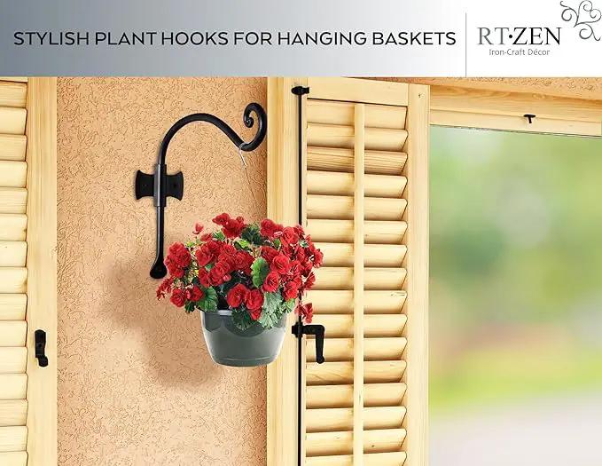 RTZEN Plant Hangers Outdoor or Indoor - Wrought Iron Metal Hanger Indoor Hook - Heavy Duty Wall Bracket Hooks for Hanging Plants Baskets Lanterns Wind Chimes - 2 Pack (Black Axe-Shape Hooks) by GreenHaven Gardens
