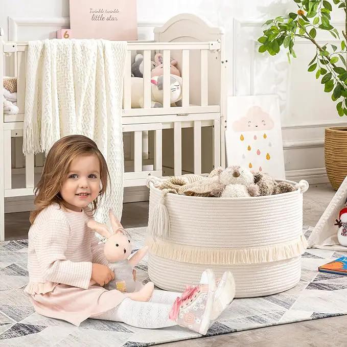KAKAMAY Large Blanket Basket (20"x13"),Woven Baskets for storage Baby Laundry Hamper, Cotton Rope Blanket Basket for Living Room, Laundry, Nursery, Pillows, Baby Toy chest (White) by GreenHaven Gardens