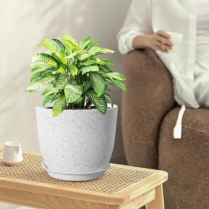 Large Flower Pots 12/10/9 inch, Set of 3 Modern Decorative Plastic Planters with Drainage Holes and Saucers for Garden House Plants, Plant Pots for Indoor Outdoor Plants, Speckled White by GreenHaven Gardens