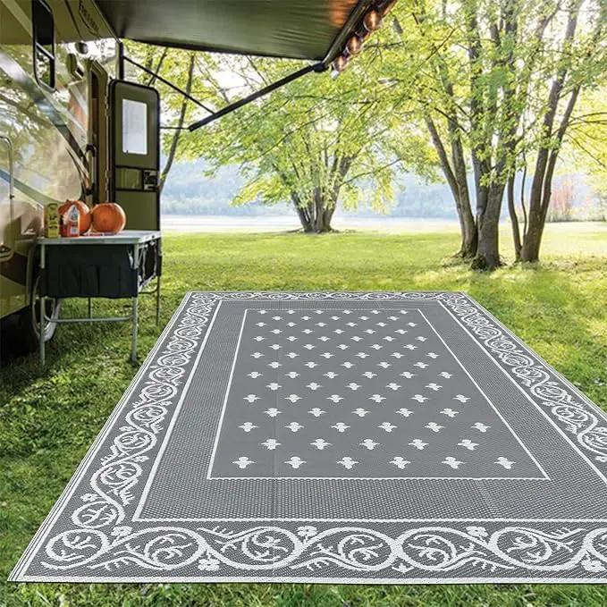 Pauwer Waterproof Outdoor Rug 6x9, Reversible Plastic Straw Patio Camping Rug, Indoor Outdoor RV Mat Carpet for Deck, Camper, Porch, Balcony, Backyard, Picnic, Bordered Grey by GreenHaven Gardens