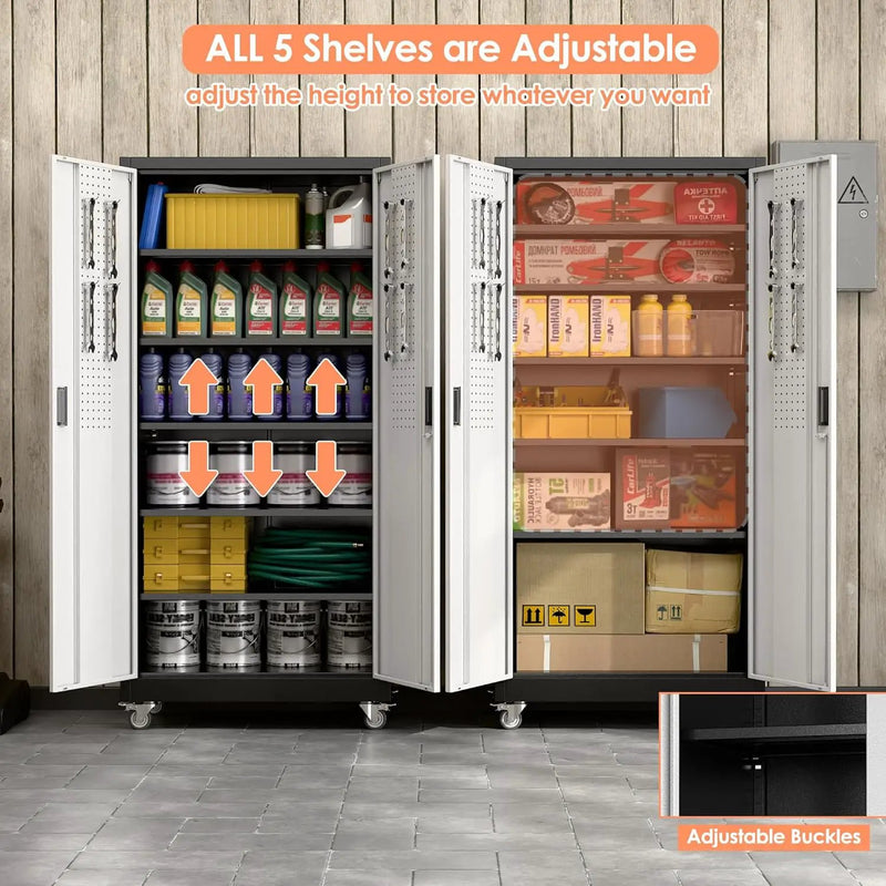 Aobabo Garage Metal Storage Cabinet with Wheels, 71" H×34" W×18" D Locking Steel Storage Cabinet with 5 Shelves and 4 Hooks, for Home Office, School, Assembly Required, Black Silver by GreenHaven Gardens