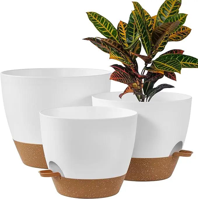 FaithLand 3-Pack Large Planter Pots, 12 10 9 Inch Self Watering Flower Pots for Indoor Outdoor Garden Plants, White with Brown by GreenHaven Gardens