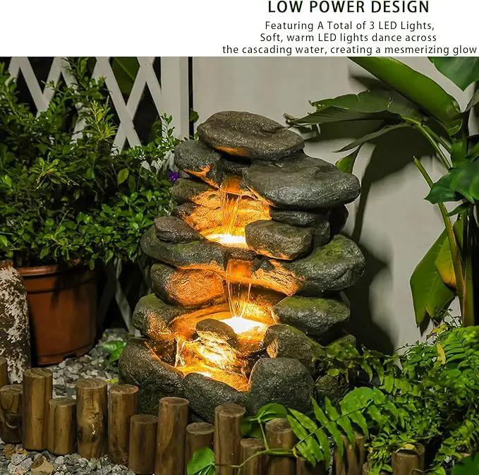 4-Tier Rock Water Fountain Outdoor Waterfall Garden Decor, 23.4" Cascading Waterfall With LED Lights for Patio, Lawn, Backyard, and Home, Faux Stone Design by GreenHaven Gardens