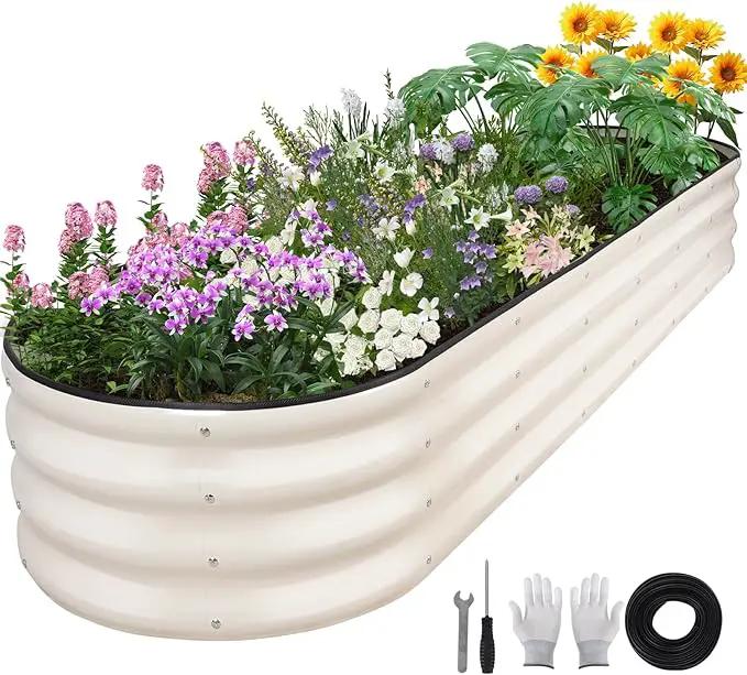 Galvanized Raised Garden Bed - 8×2×1ft Planter Raised Beds for Gardening | Oval Metal Garden Planter Box with Safety Edging and Bracing Rods for Vegetables Fruits and Flowers (White) by GreenHaven Gardens