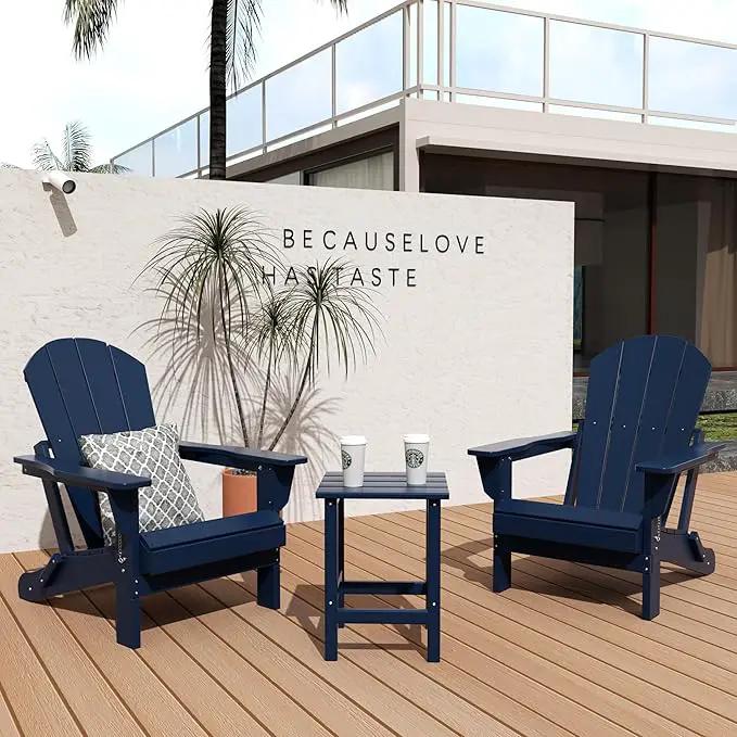 WO Home Furniture Adirondack Chair Table Set of 2 PCS Outdoor Folding Chair w Side Table Weather/UV Resistant for Lawn, Garden, Bon Fire, Balcony (Navy Blue) by GreenHaven Gardens