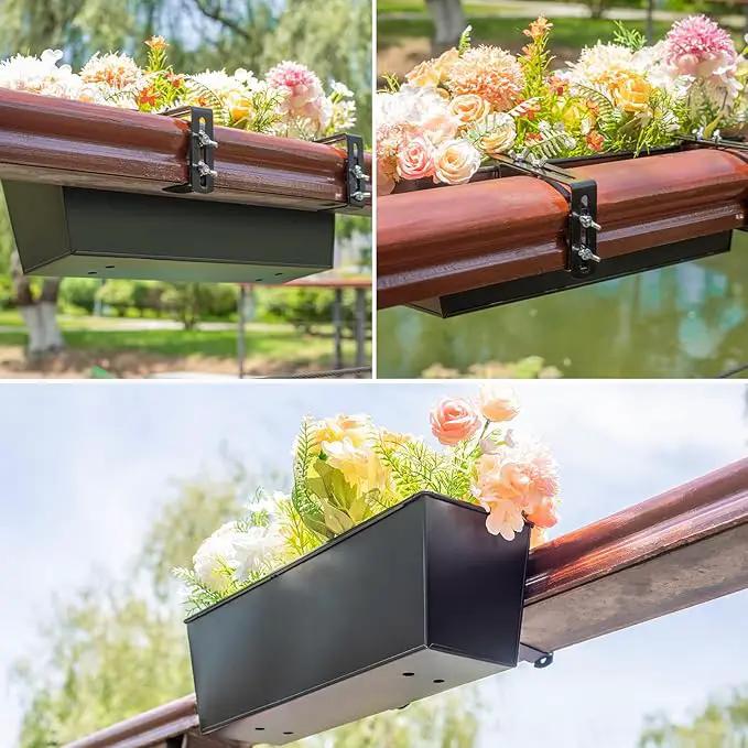 Railing Planter for Outdoor Plants 16 Inch Metal Rectangular Window Boxes with Adjustable Brackets and Drainage Hanging Flower Pots for Balcony Deck Railings Apartment Patio Decor Black(4PCS) by GreenHaven Gardens
