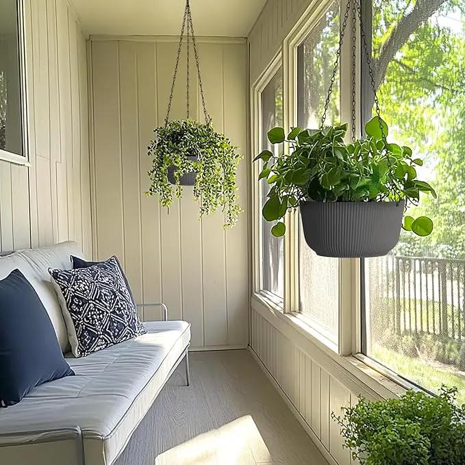 T4U 12 Inch Large Hanging Planters for Outdoor Plants, 2 Pack Self Watering Hanging Pots Indoor, Hanging Baskets for Plants,Hanging Flower Pot with Drainage Hole and Plant Hanger, Grey by GreenHaven Gardens